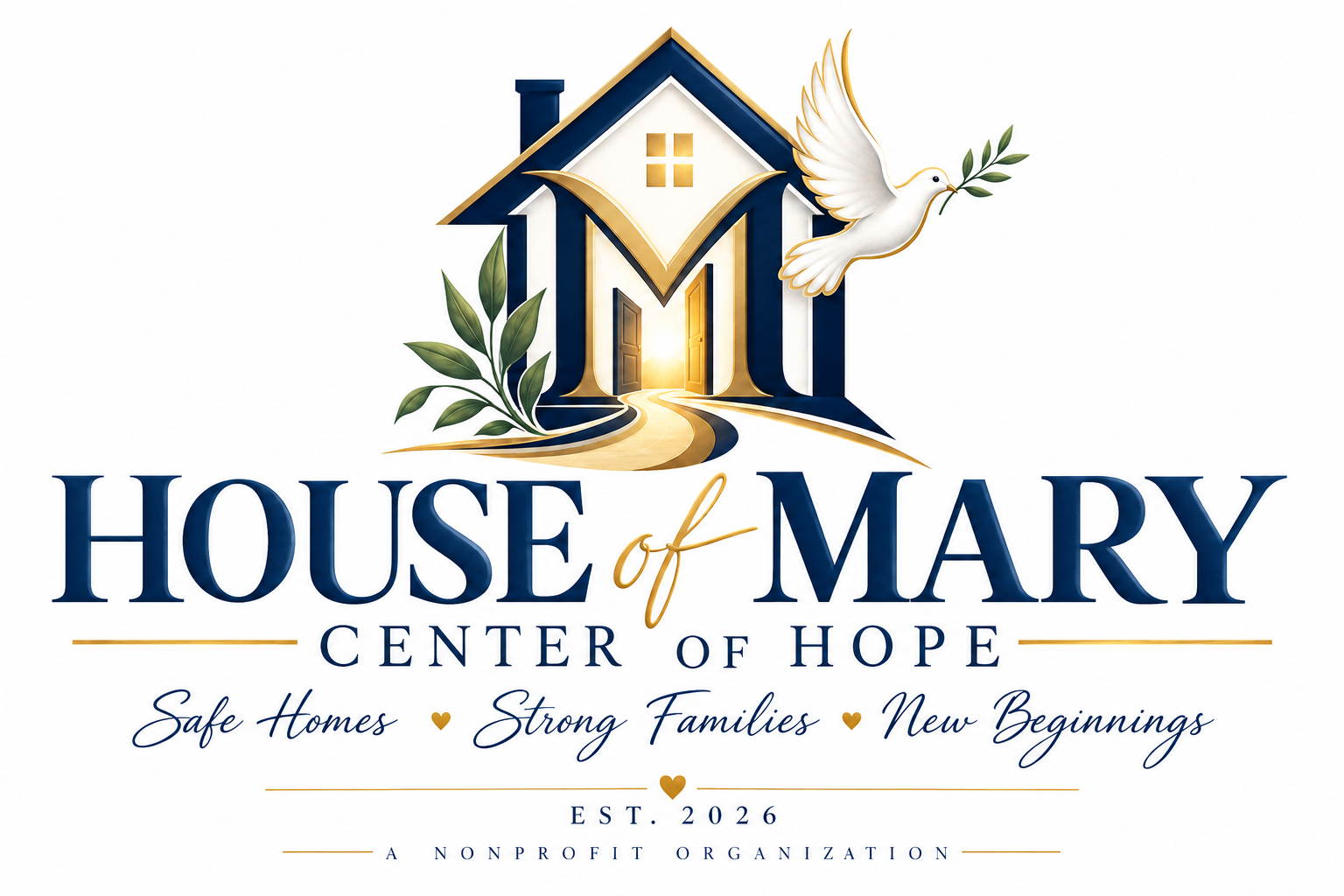 House of MARY Center of Hope logo with a house, dove, and golden pathway